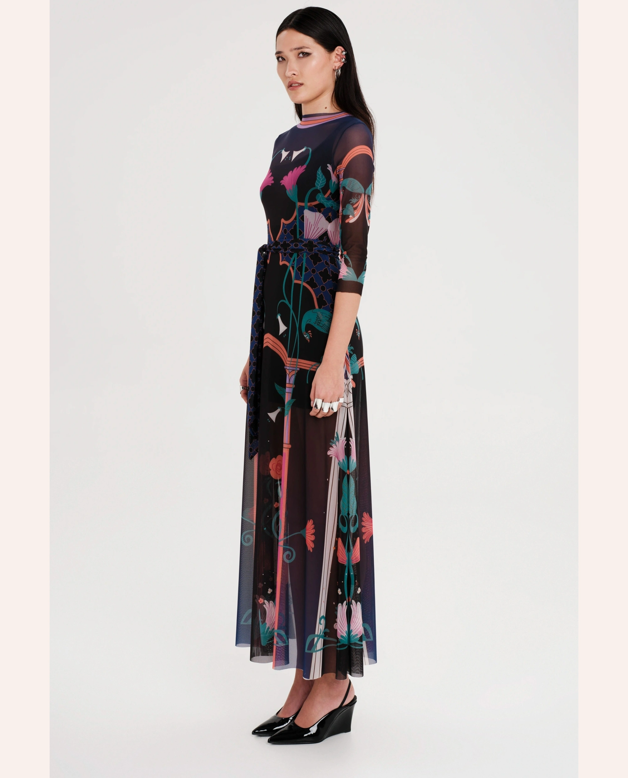 Epoque Mesh Long Dress -  Print - Image 4
